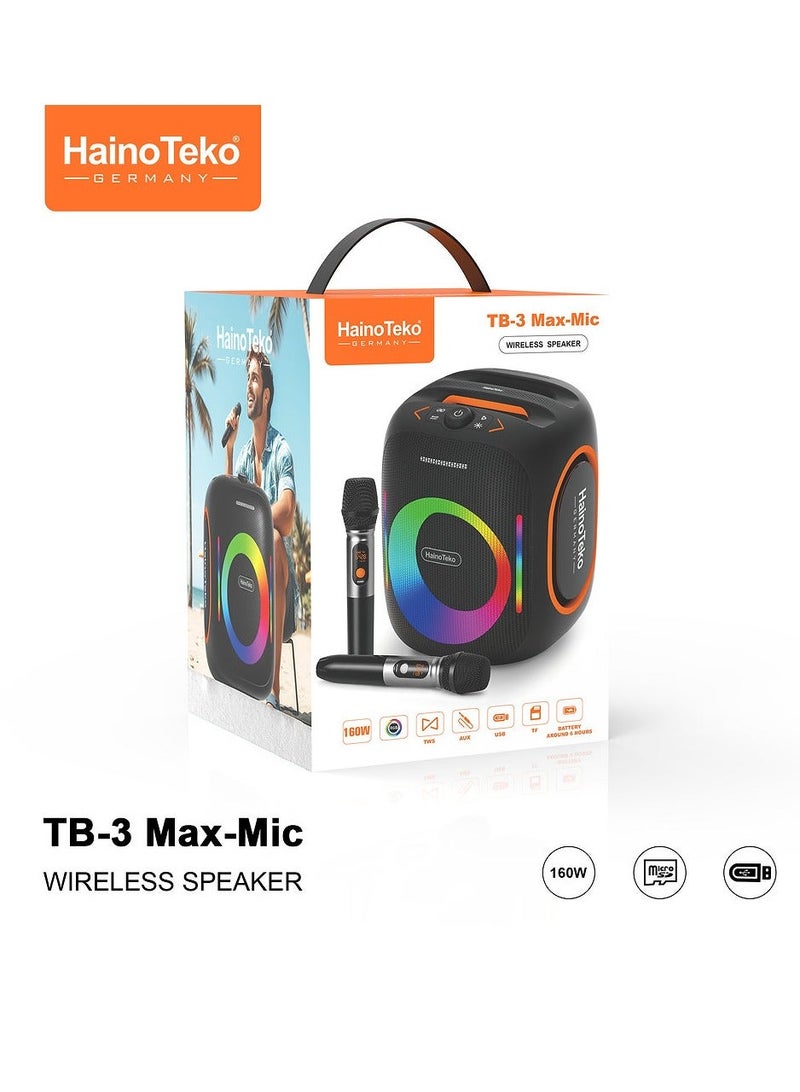 Haino Teko TB-3 Max Wireless Portable Bluetooth Speaker with Dual Wireless Microphones, Powerful Bass Sound, Karaoke Function, Long Battery Life for Home Parties & Outdoor Entertainment - Image 3